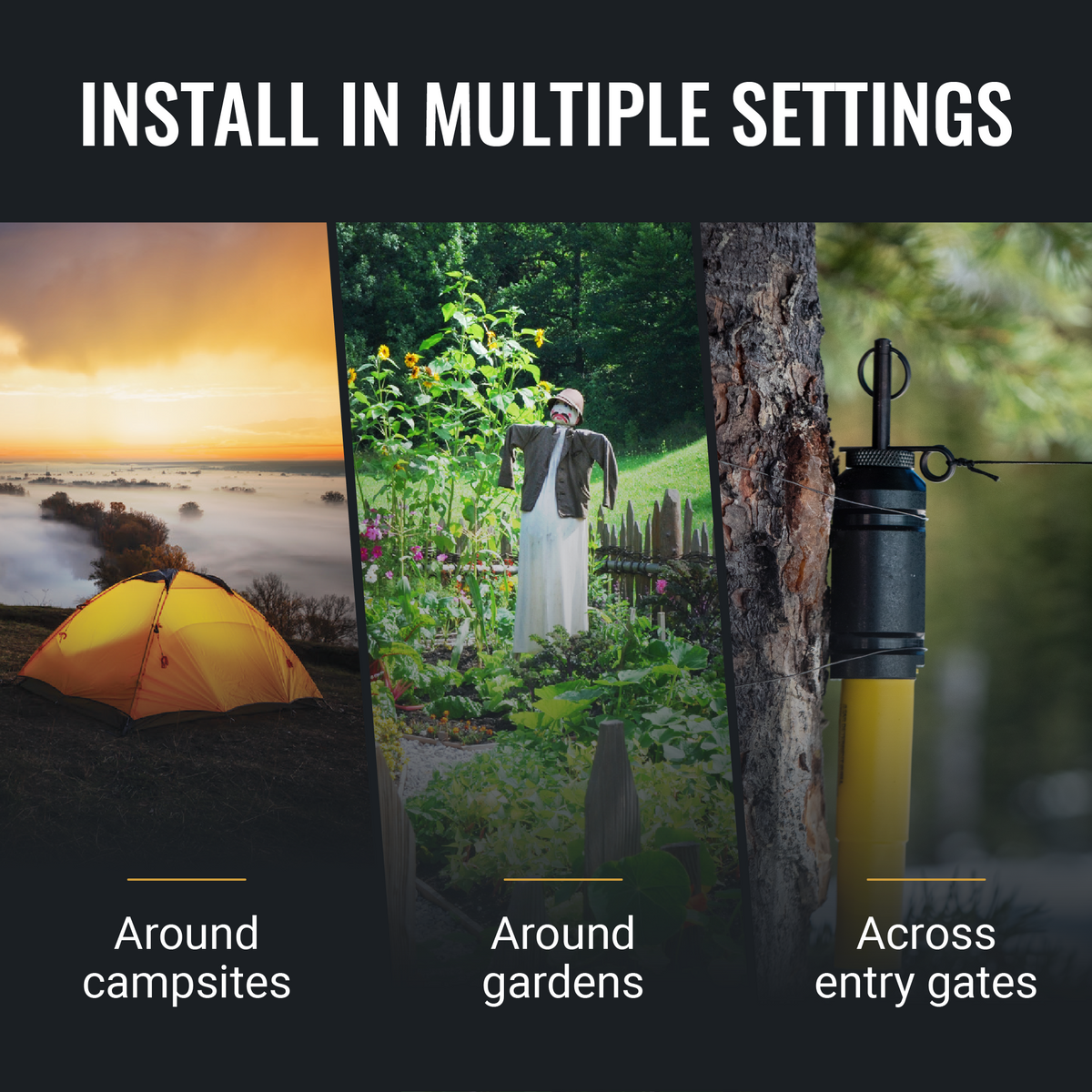[install Fith Ops 12g device in multiple settings, campsite, gardens, and across entry gates]]