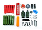 Fith Ops Gen4 Perimeter Trip Alarm, Eye Screws, Orion Sight and Sound Shells, CCI Primers in Carrier Caddy, 75' Dyneema Trip Line, Extra Pins, Extra Screws, 209 Adapter and Authur Screw Driver laid out with white background straight down view - Thumbnail Image